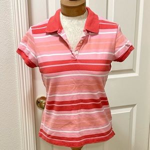 Vintage Gap Women’s Pink/White Striped Short Sleeve Collared Polo Shirt - M
